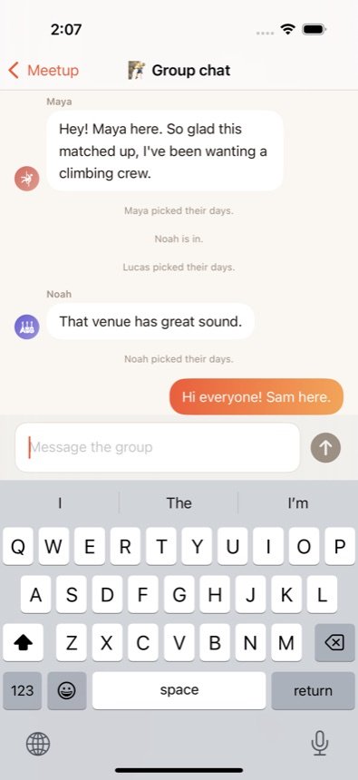 A Friendbe group chat minutes after matching, members saying hello