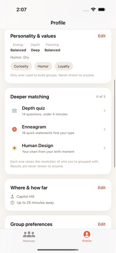 The Friendbe profile with the Deeper Matching suite: depth quiz, Enneagram, and Human Design